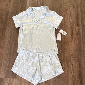 In Bloom By Jonquil “The Mrs” Satin Shorts Pajama Set Light Blue Bride medium